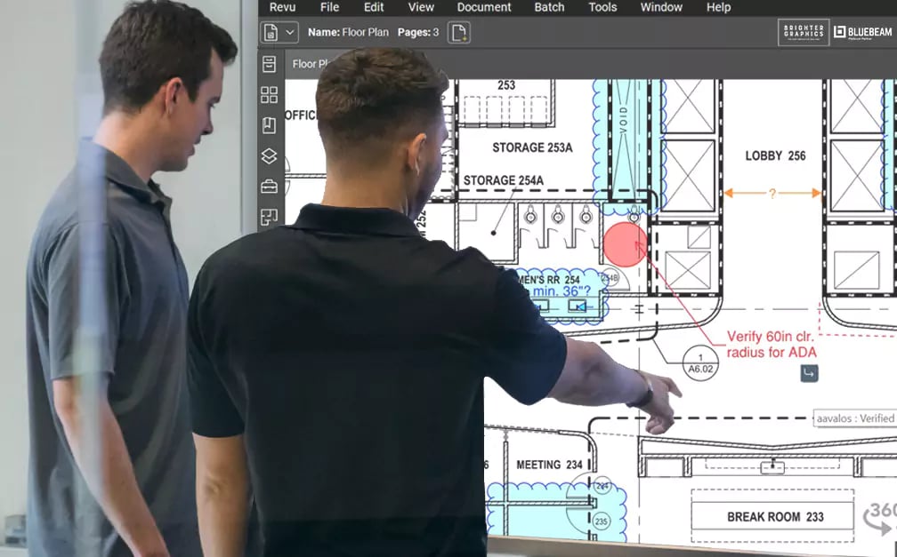 Two Men in Office with Large Screen showing Revu Markups, Bluebeam Markup List, Bluebeam Tool Chest, Brighter Grapgics, Bluebeam Platinum Partner