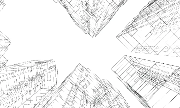Wireframe illustration of buildings, viw is looking up at the sky from ground.