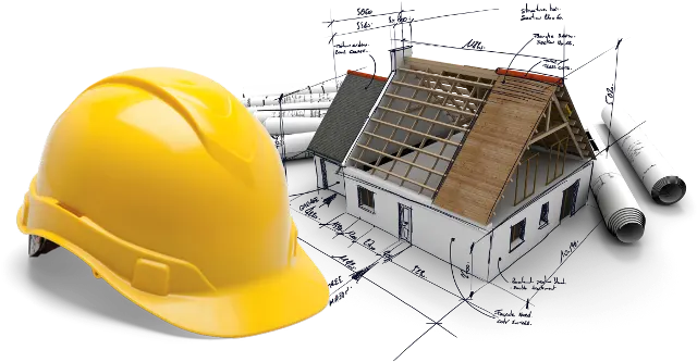 House structure with measurements, architectural drawings and a yellow hard hat