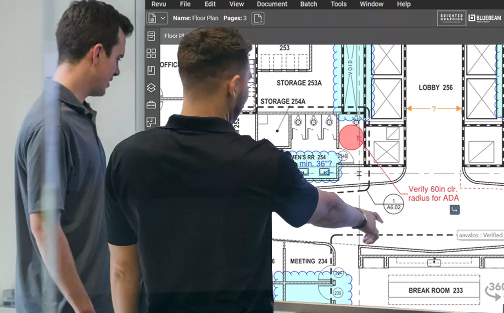 Two Men in Office with Large Screen showing Revu Markups, Bluebeam Markup List, Bluebeam Tool Chest, Brighter Grapgics, Bluebeam Platinum Partner